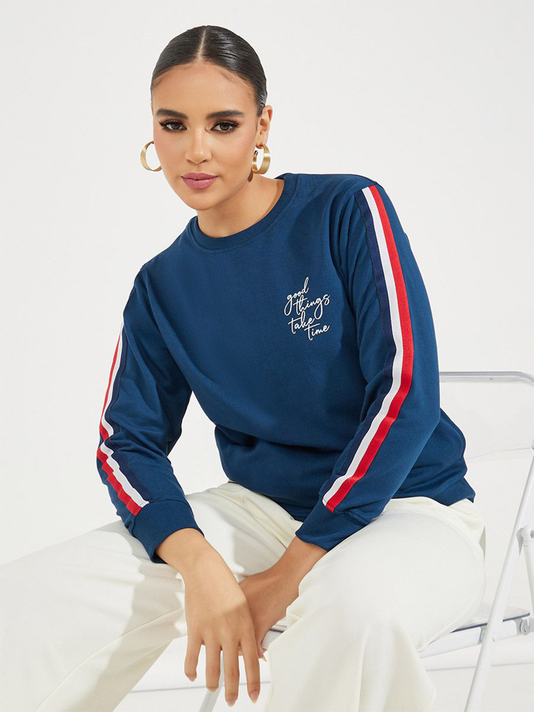 Styli Women Regular Fit Casual Sweatshirt With Colour Blocked Stripe Sleeve