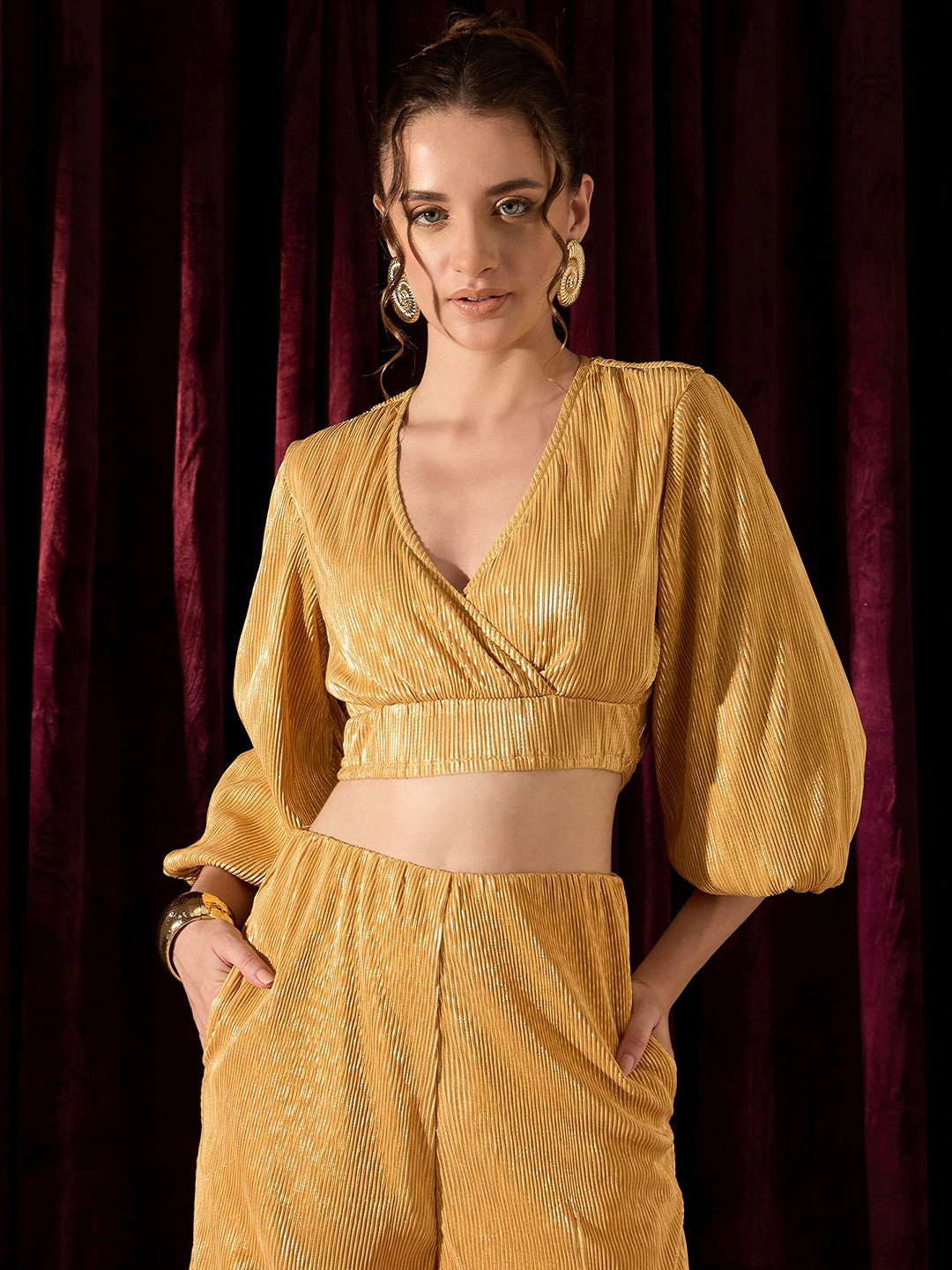 KASSUALLY Print Bell Sleeve Wrap Crop Top