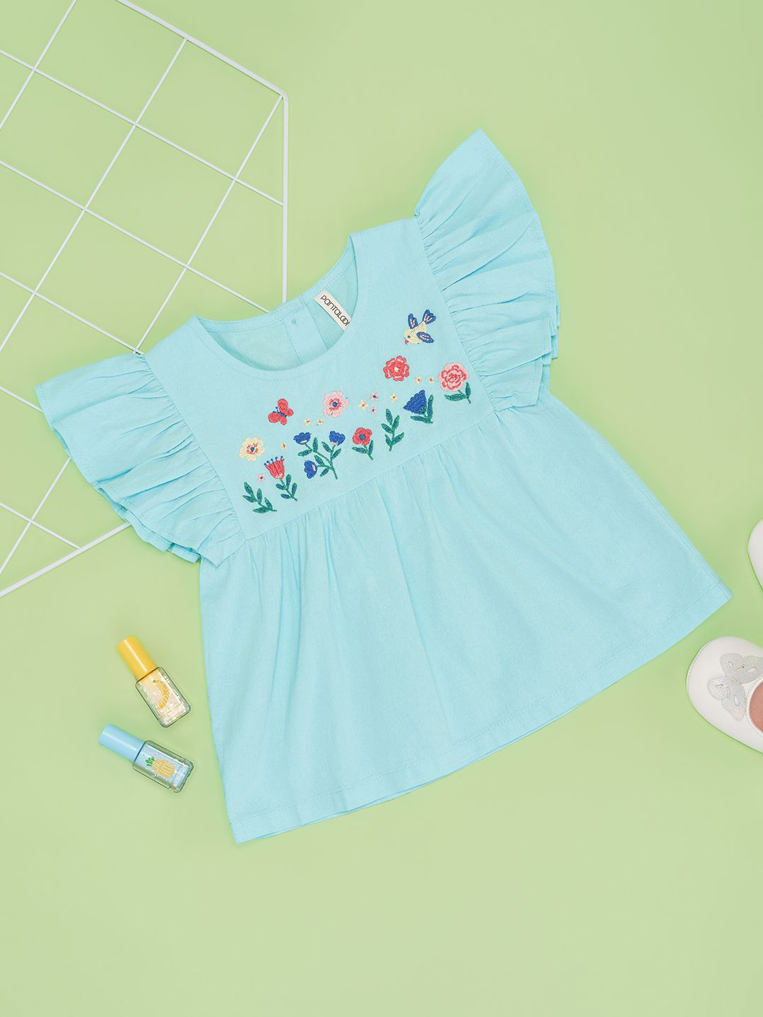 Pantaloons Baby Floral Embroidered Puff Sleeve Cotton Top