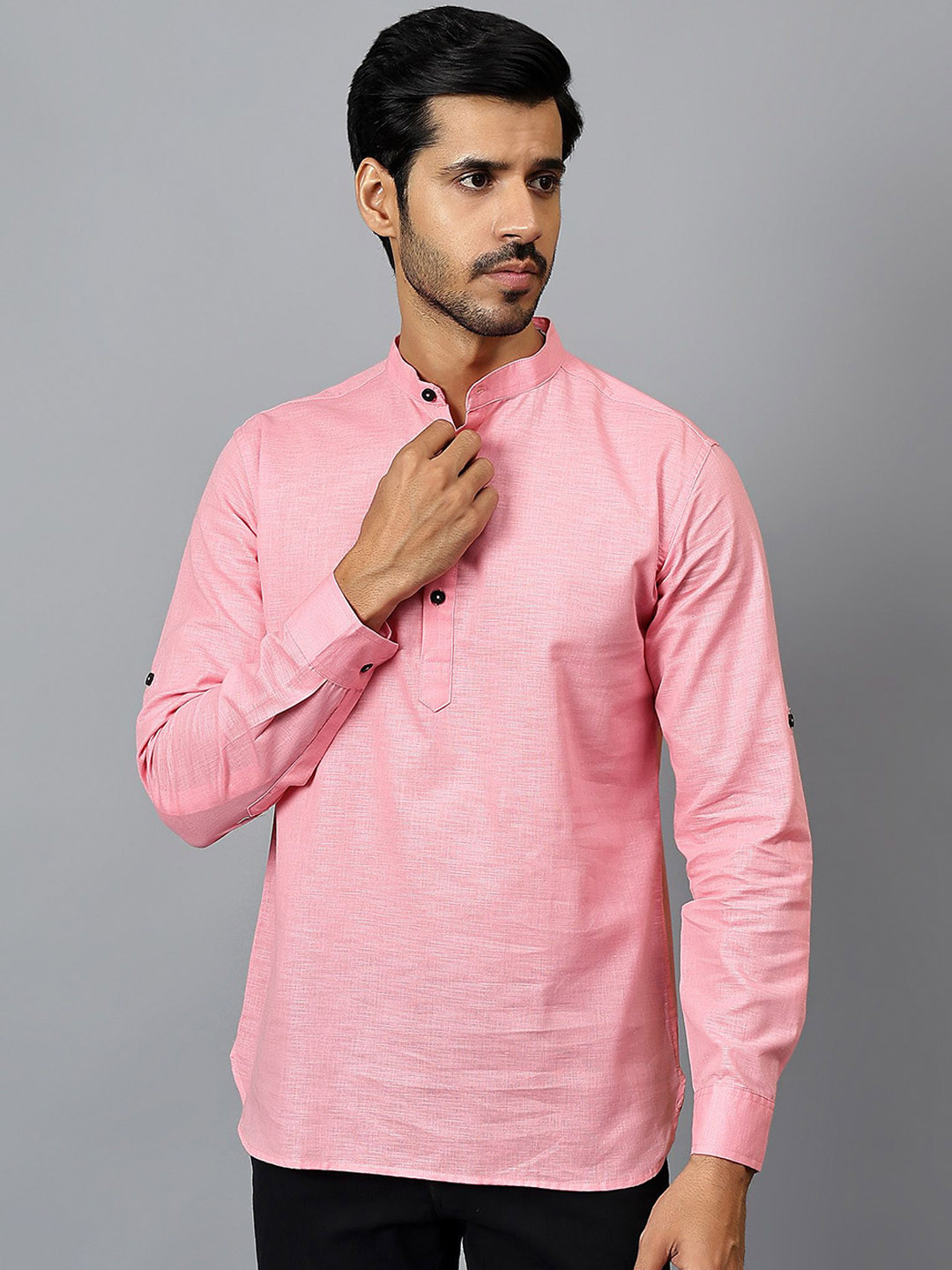 Yugnik Mandarin Collar Roll-Up Sleeves Pure Cotton Short Kurta