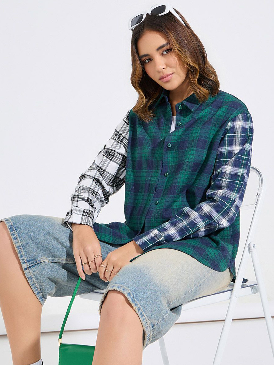 Women Contrast Checked Oversized Shirt with Back Print