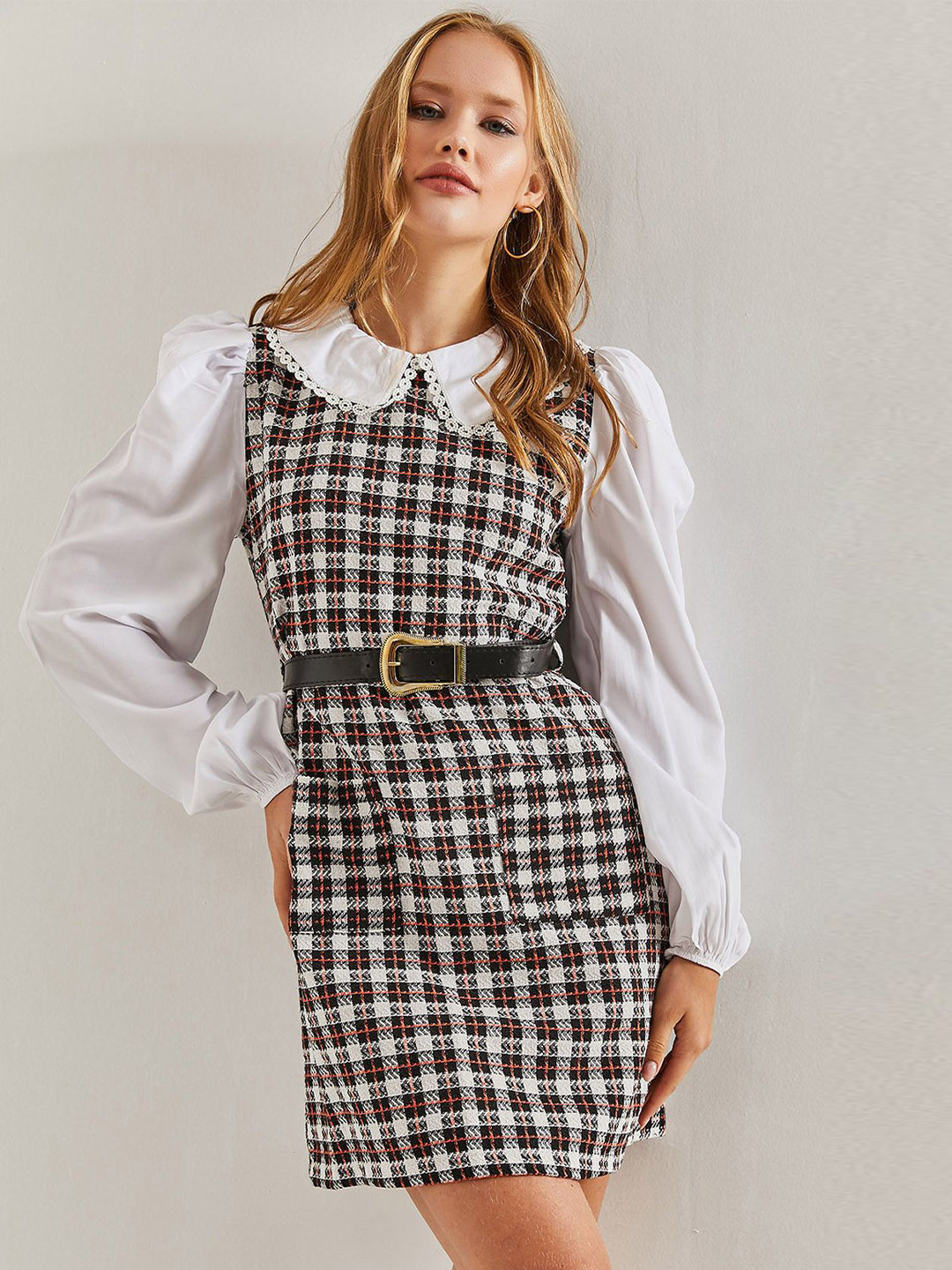 BIANCO LUCCI Checked Peter Pan Collar Puff Sleeve A-Line Dress