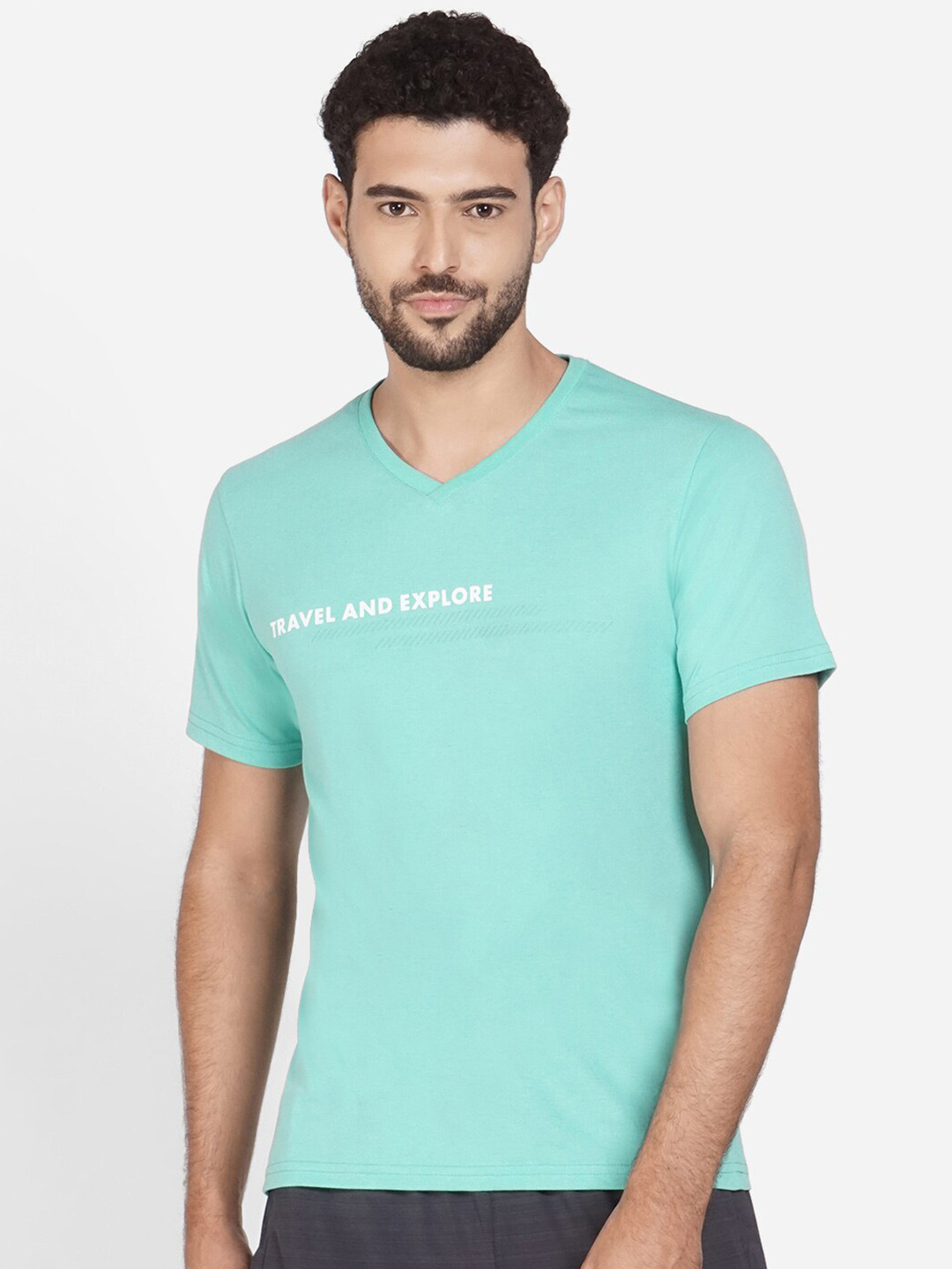 Wildcraft Men Green Typography Printed V-Neck Cotton T-shirt