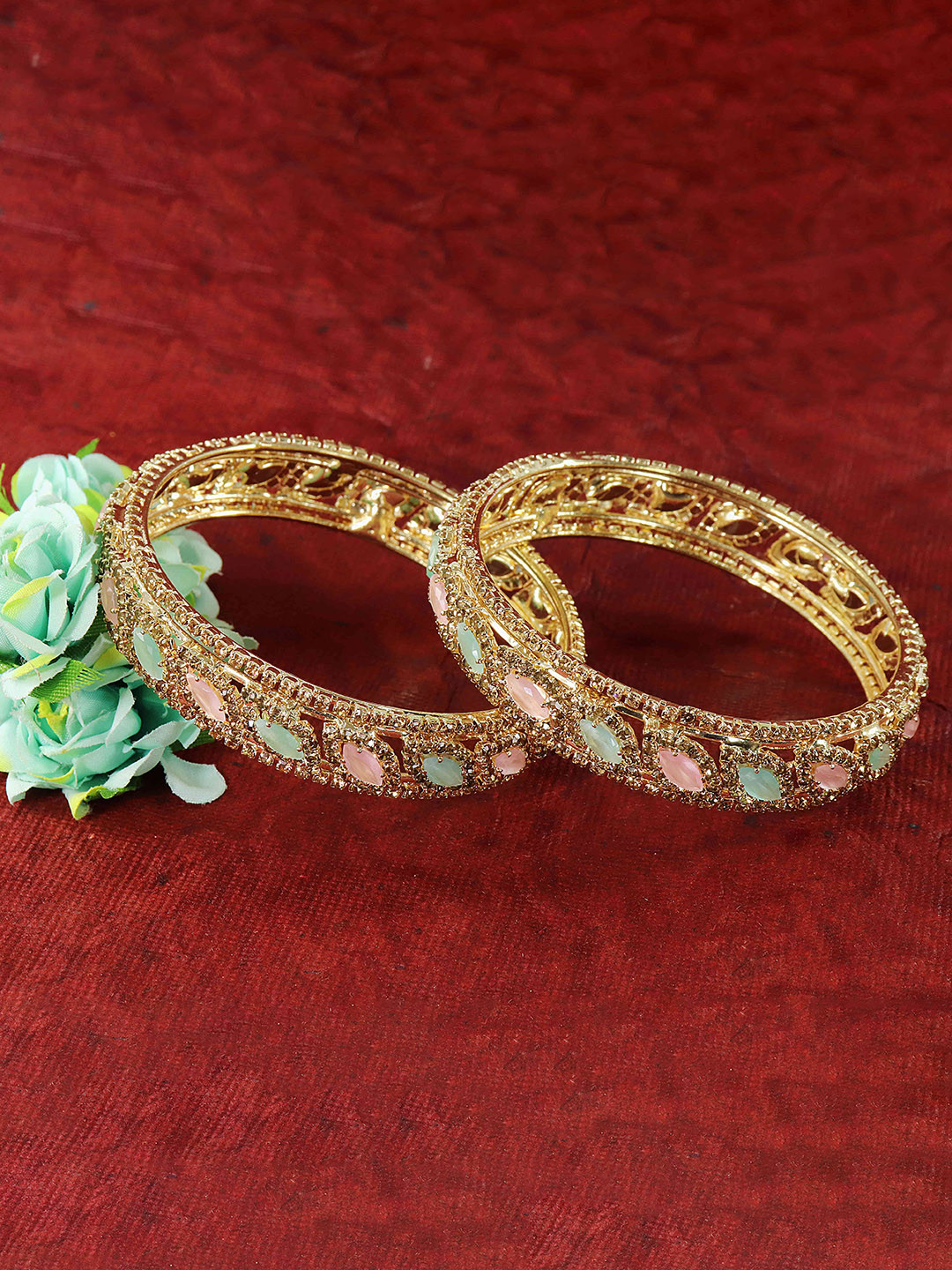 LAVAZZA Set of 2 Leaf Cut American Diamond & Cubic Zirconia Studded Metal Bangles