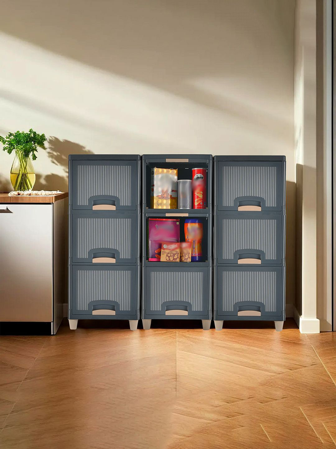 Kuber Industries Set of 3 Grey & Cream 9 unit Textured Foldable Organisers