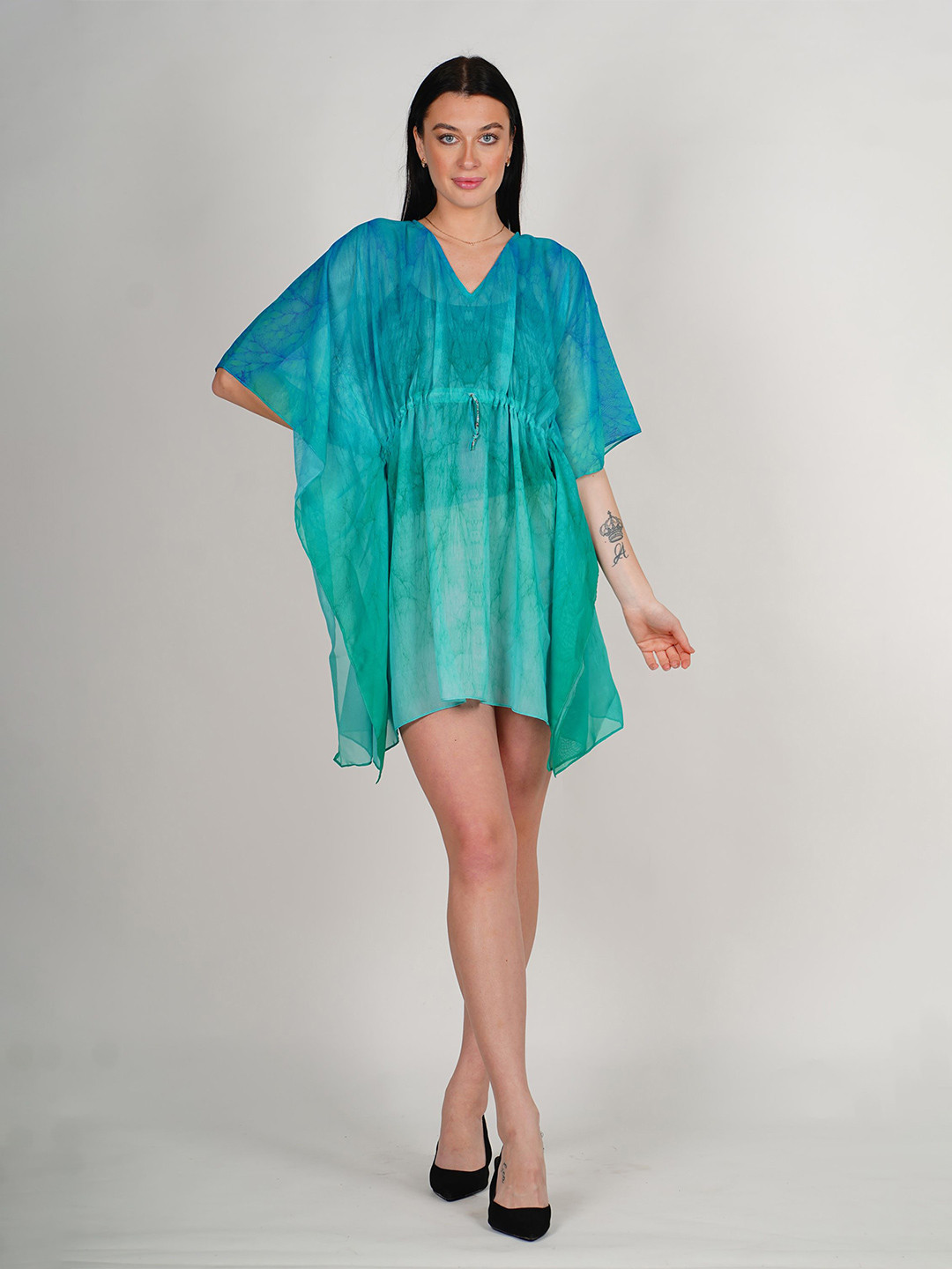 Ravi rajoria Women's  Print Kimono Sleeve Crepe Kaftan Maxi Dress