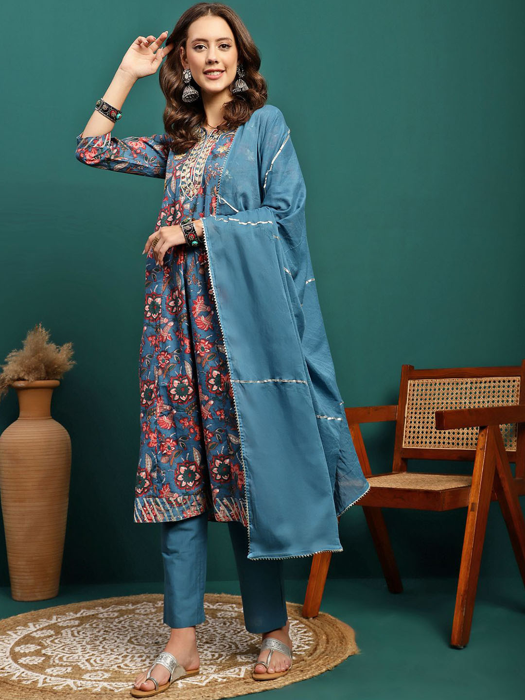 BANDIA Printed Panelled Gotta Patti Pure Cotton Anarkali Kurta with Trousers & Dupatta