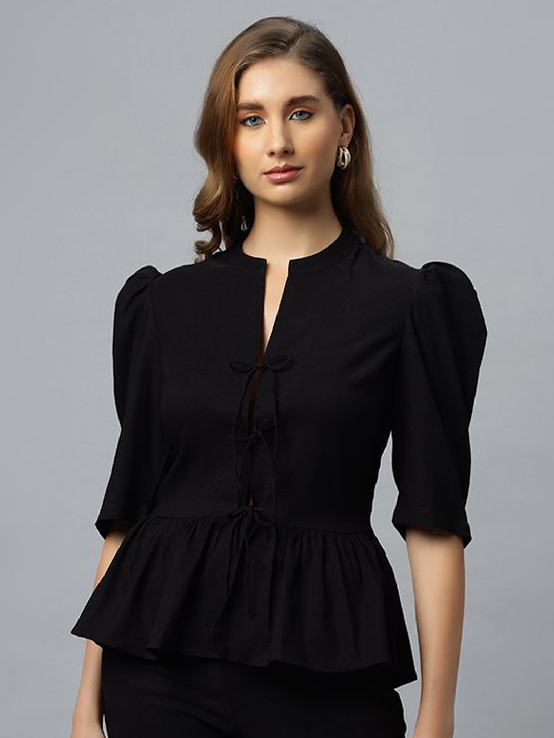 PEACH & PANDA Mandarin Collar Puff Sleeve Crepe Crop Top