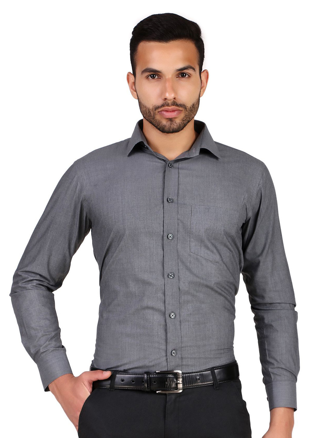 Men Ash Grey Solid Wrinkle Resistant Slim Fit Formal Shirt