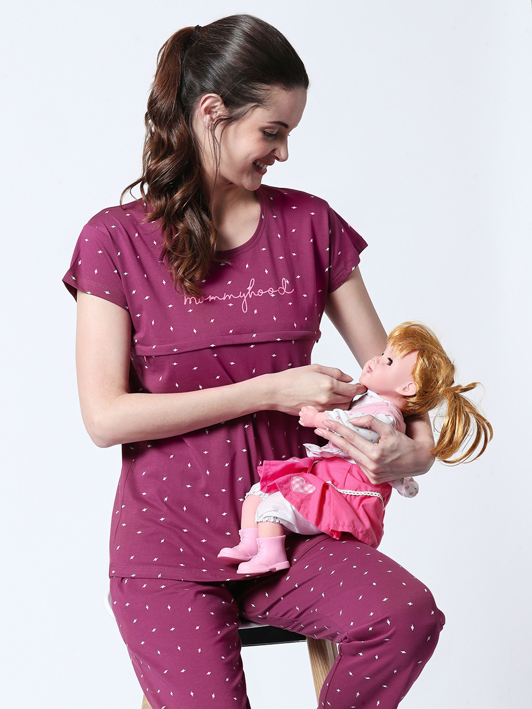 Zeyo Women Purple & White Printed Nursing & Feeding Cotton Night Suit