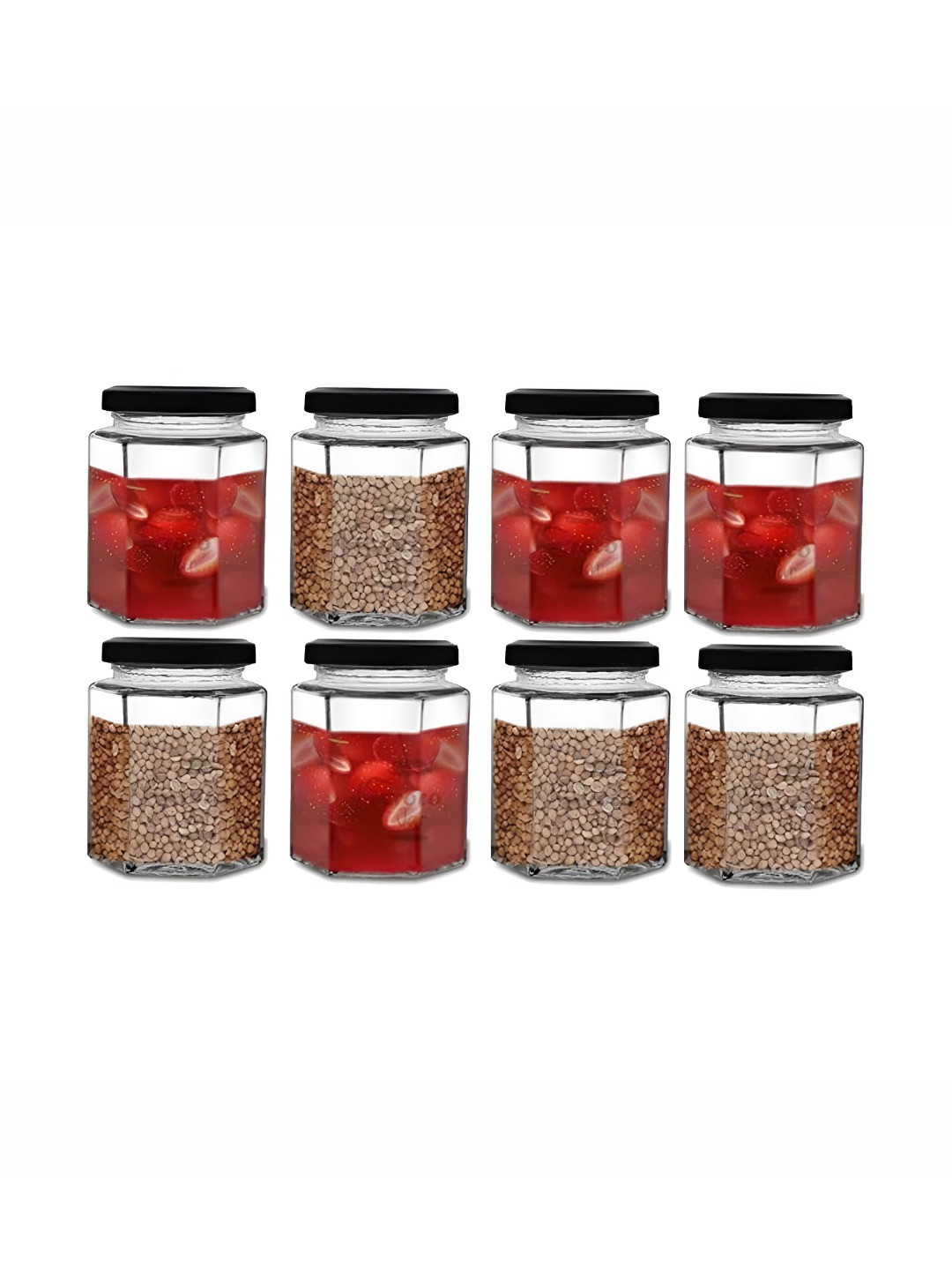 CROCO JAR Transparent & Black 8 Pieces Piramal Hexagonal Shape Glass Food Containers 250ml