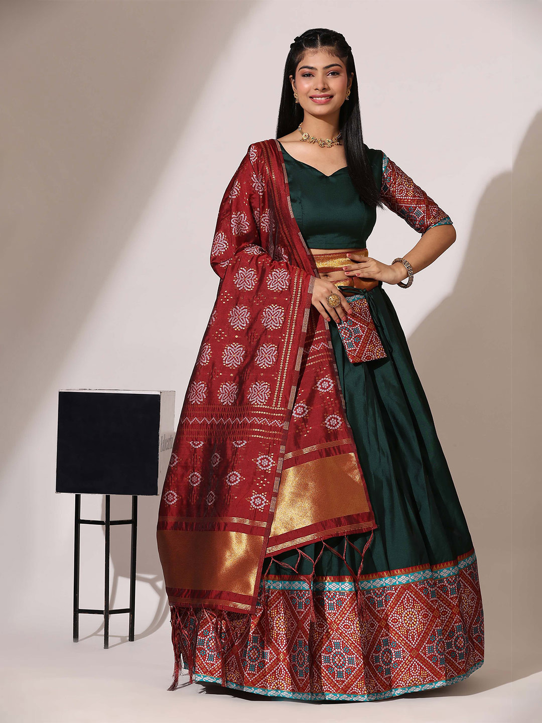Fabcartz V-Neck Semi Stitched Lehenga & Unstitched Blouse With Dupatta