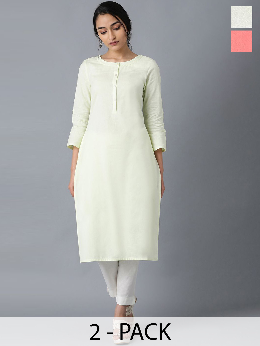 W Pack Of 2 Round Neck Roll-Up Sleeves Straight Kurtas