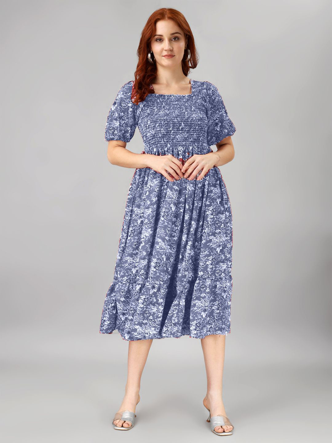Femvy Puff Sleeve Empire Floral Midi Dress