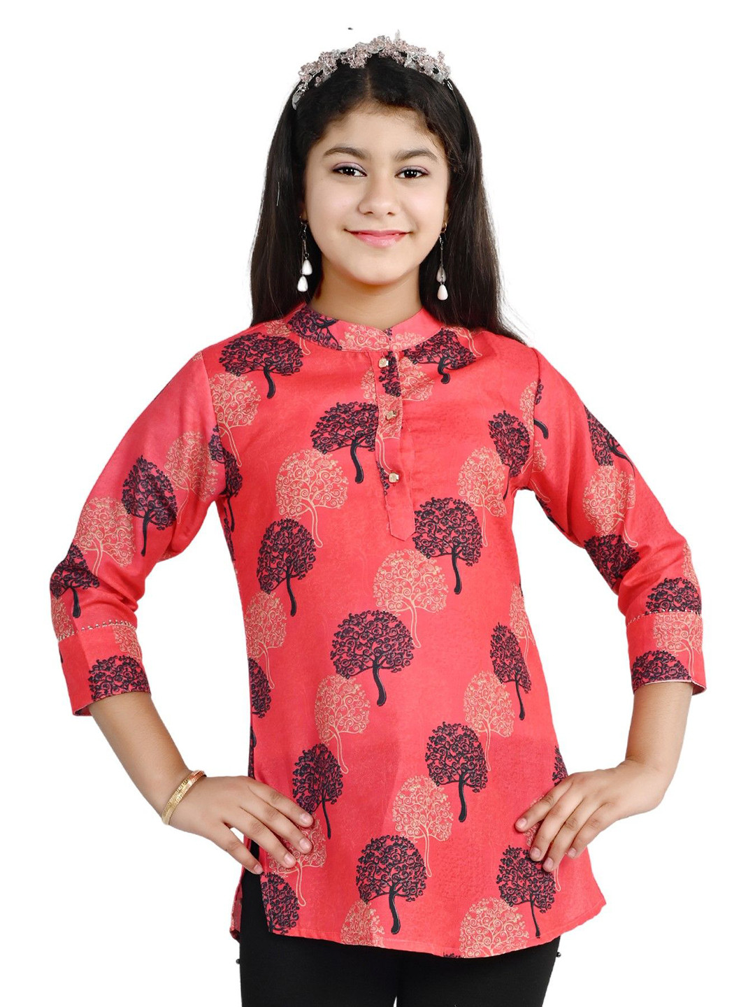 Arshia Fashions Print Mandarin Collar Linen Top