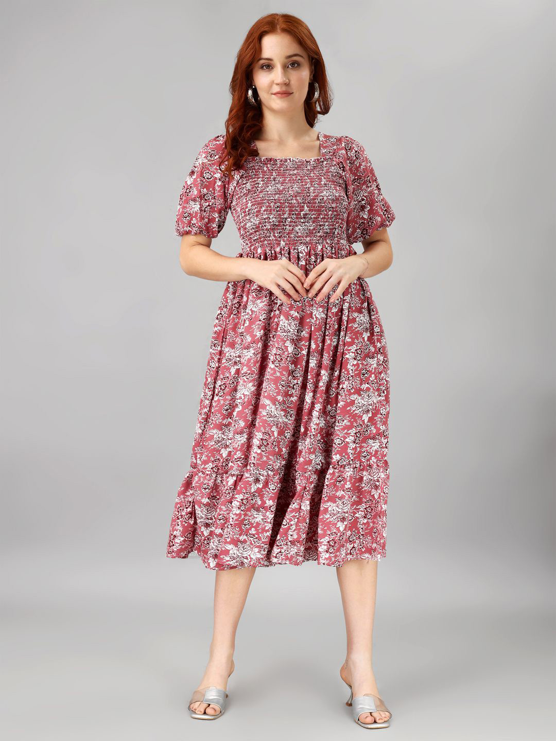Femvy Puff Sleeve Smocked Floral Midi Dress