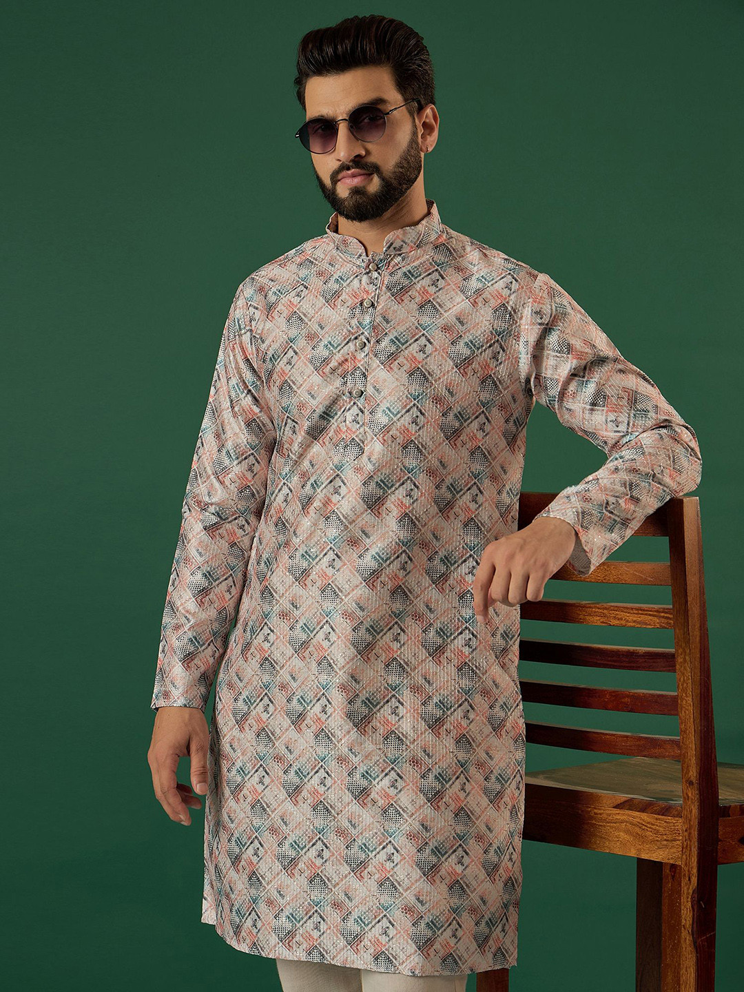 Anouk Geometric Printed Mandarin Collar Straight Kurta