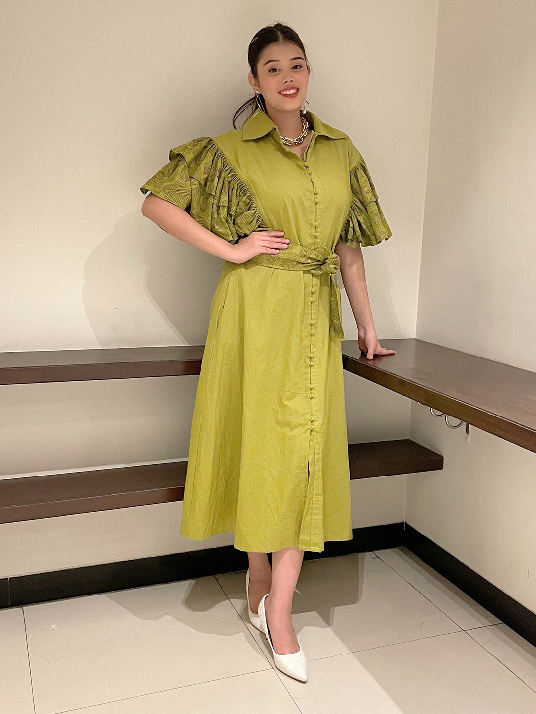 JORASA Solid Ruffle Cotton Shirt Dress