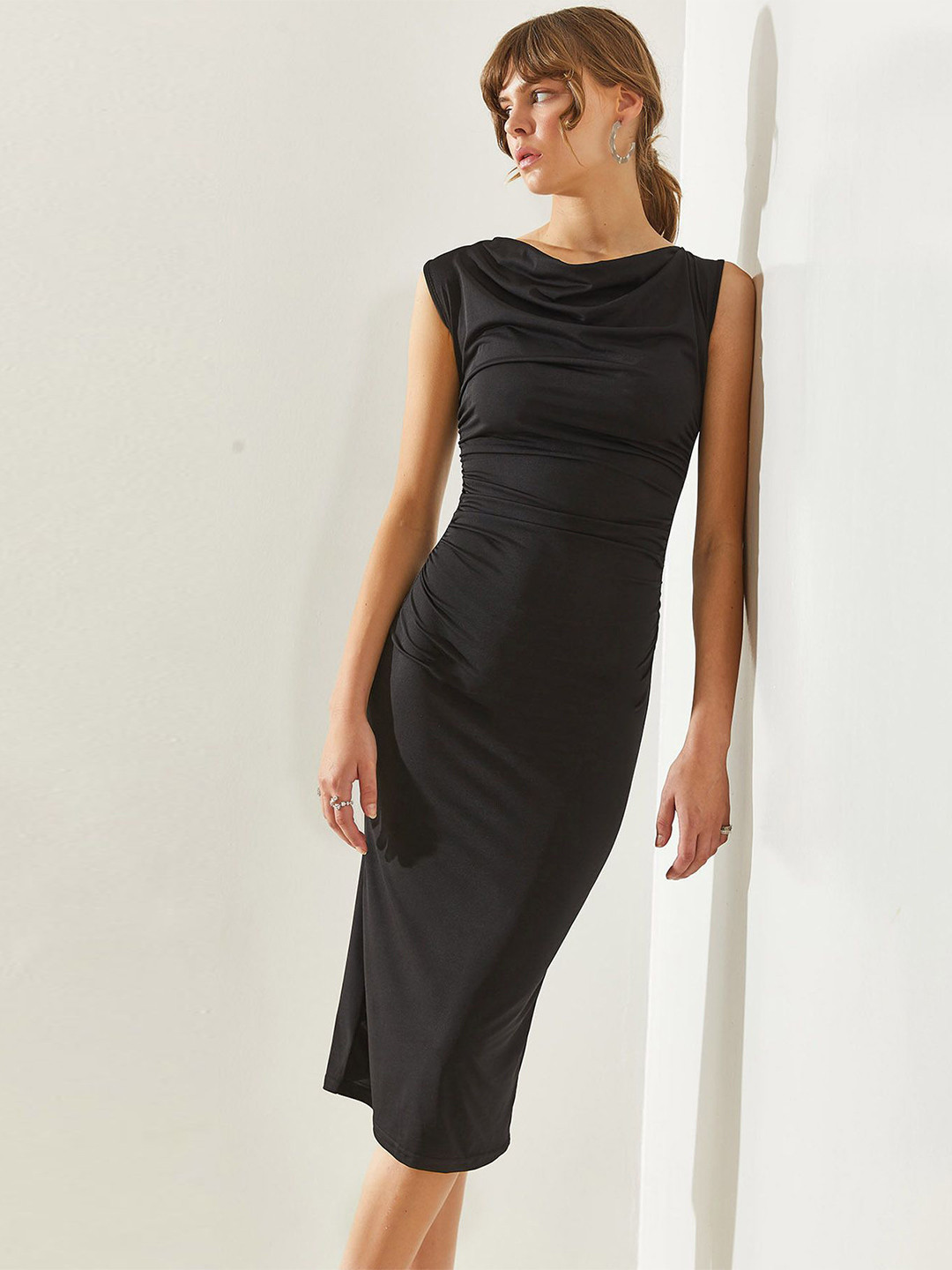 BIANCO LUCCI Women Solid Cowl Neck Sheath Dress