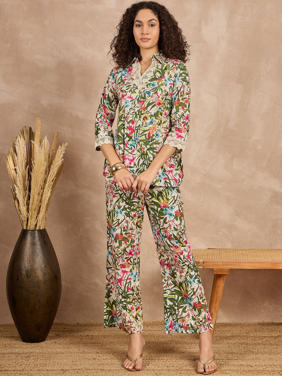 all about you Beige Printed Shirt Collar Pure Cotton Tunic With Trousers