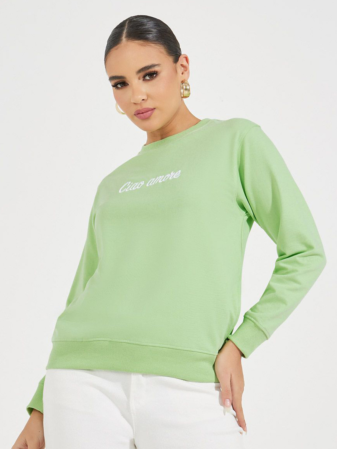 Styli Women Solid Regular Length Regular Fit  Casual Pullover Sweatshirt With Embroidery
