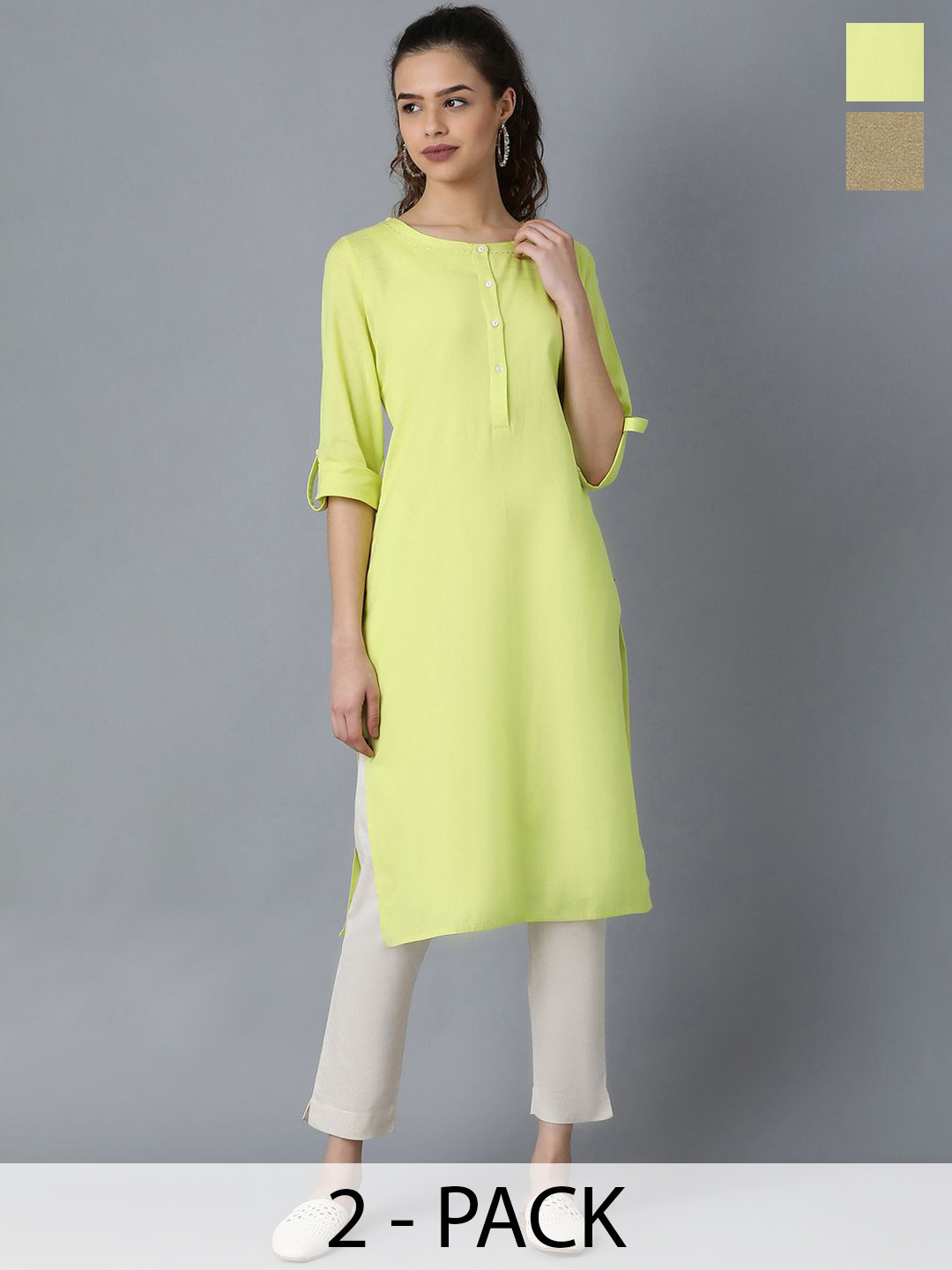 W Green & Yellow Pack Of 2 Round Neck Roll-Up Sleeves Straight Kurtas
