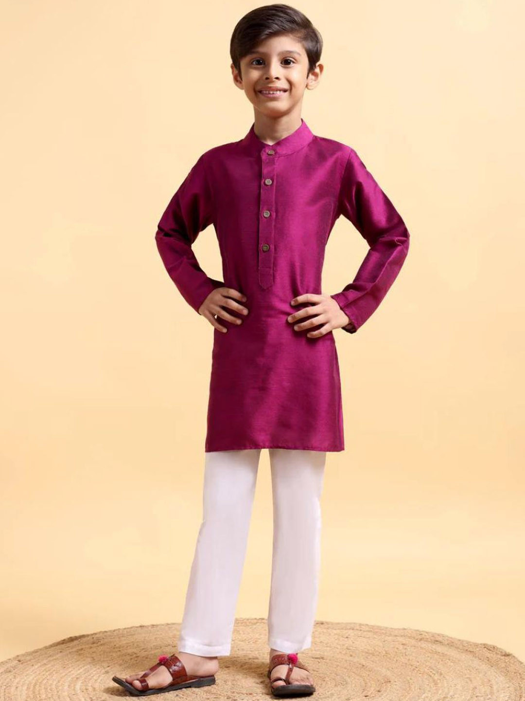 Mera Rang Boys Mandarin Collar Cotton Silk Straight Kurta With Pyjama