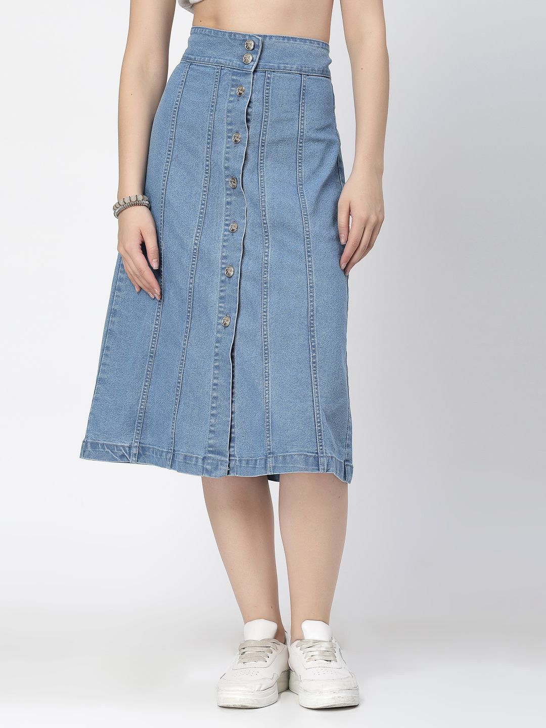 COSMIC TRIO Denim A-Line Midi Skirt