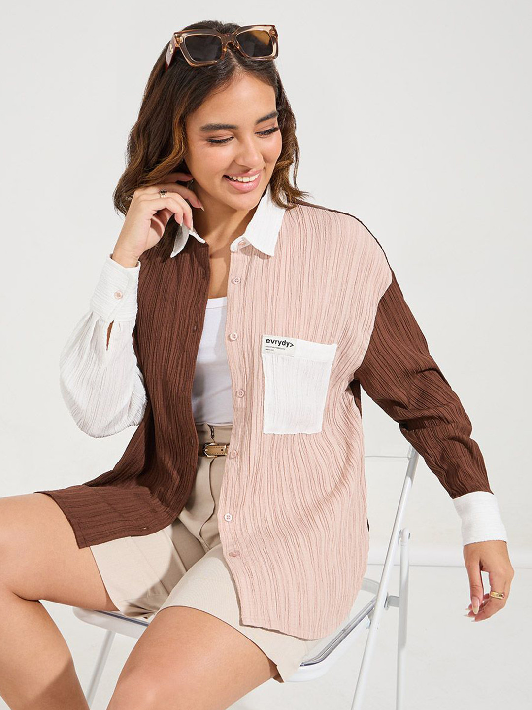 Women Color Block Textured Oversized Shirt