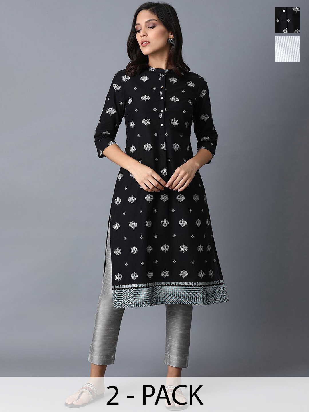 W Selection of 2 Printed Mandarin Collar Pure Cotton Straight Kurtas