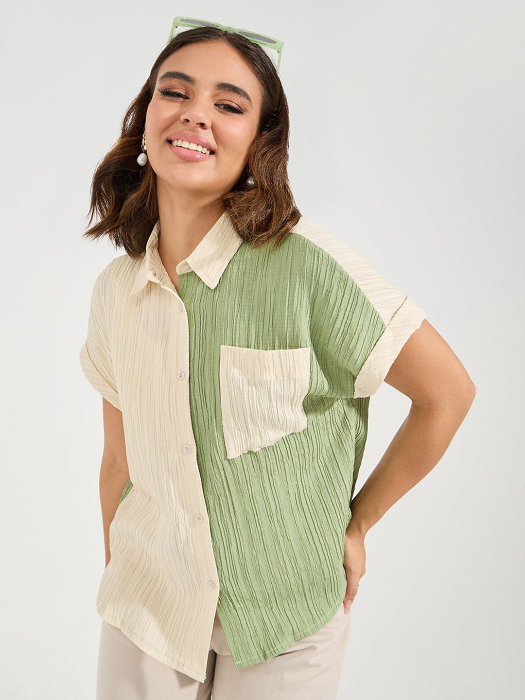 Styli Women Regular Fit Textured Colour Block Shirt with Turn-Up Sleeve