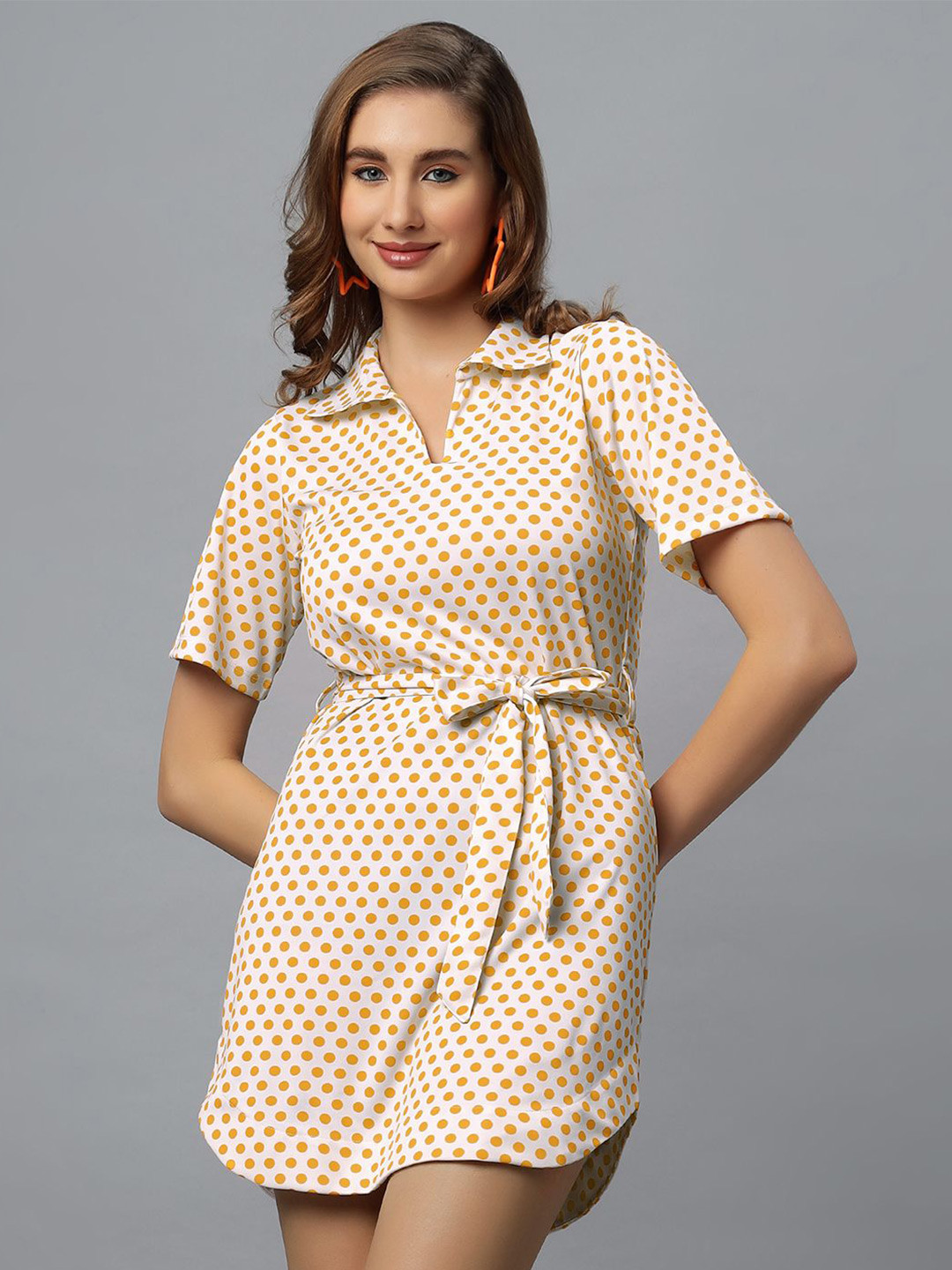 PEACH & PANDA Polka Dot Printed Tie-Ups Detail Shirt Dress
