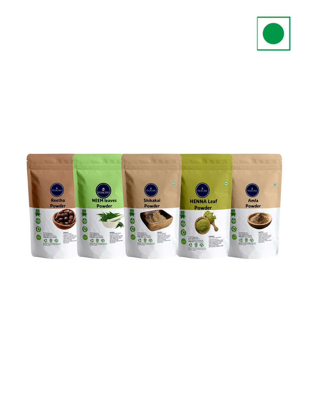 VEDICINE Set Of 5 Amla Reetha Shikakai Heena Neem Powder For Hair Care - 50 g Each