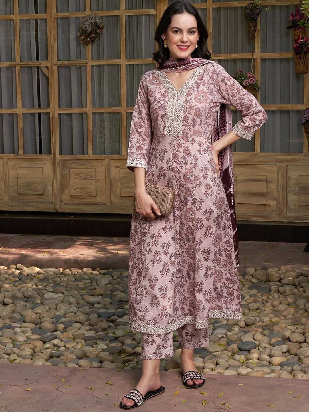 BANDIA Printed Panelled Mirror Work Pure Cotton A-Line Kurta with Trousers &  Dupatta