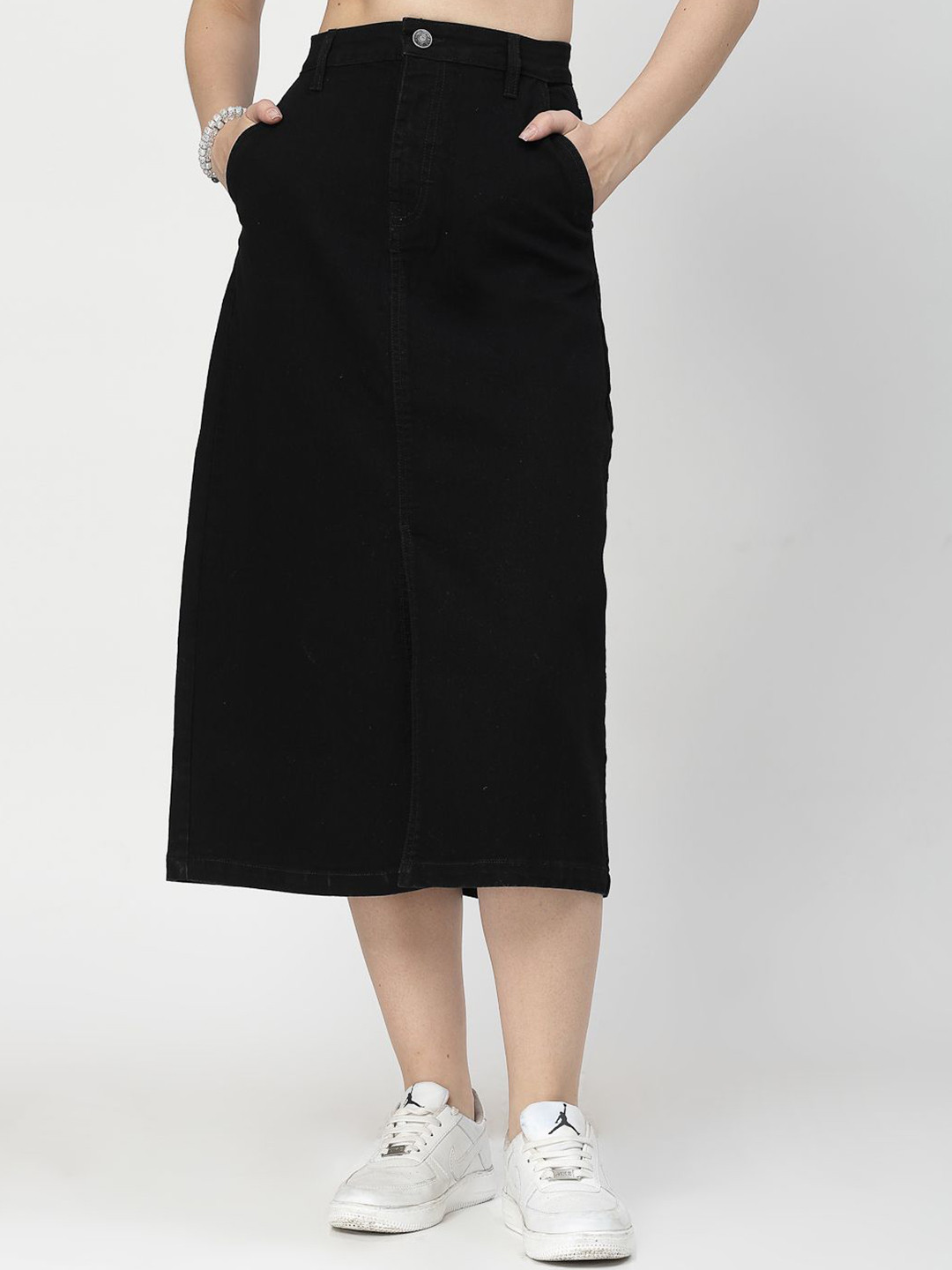 COSMIC TRIO Solid Pure Cotton A-Line Midi Skirt