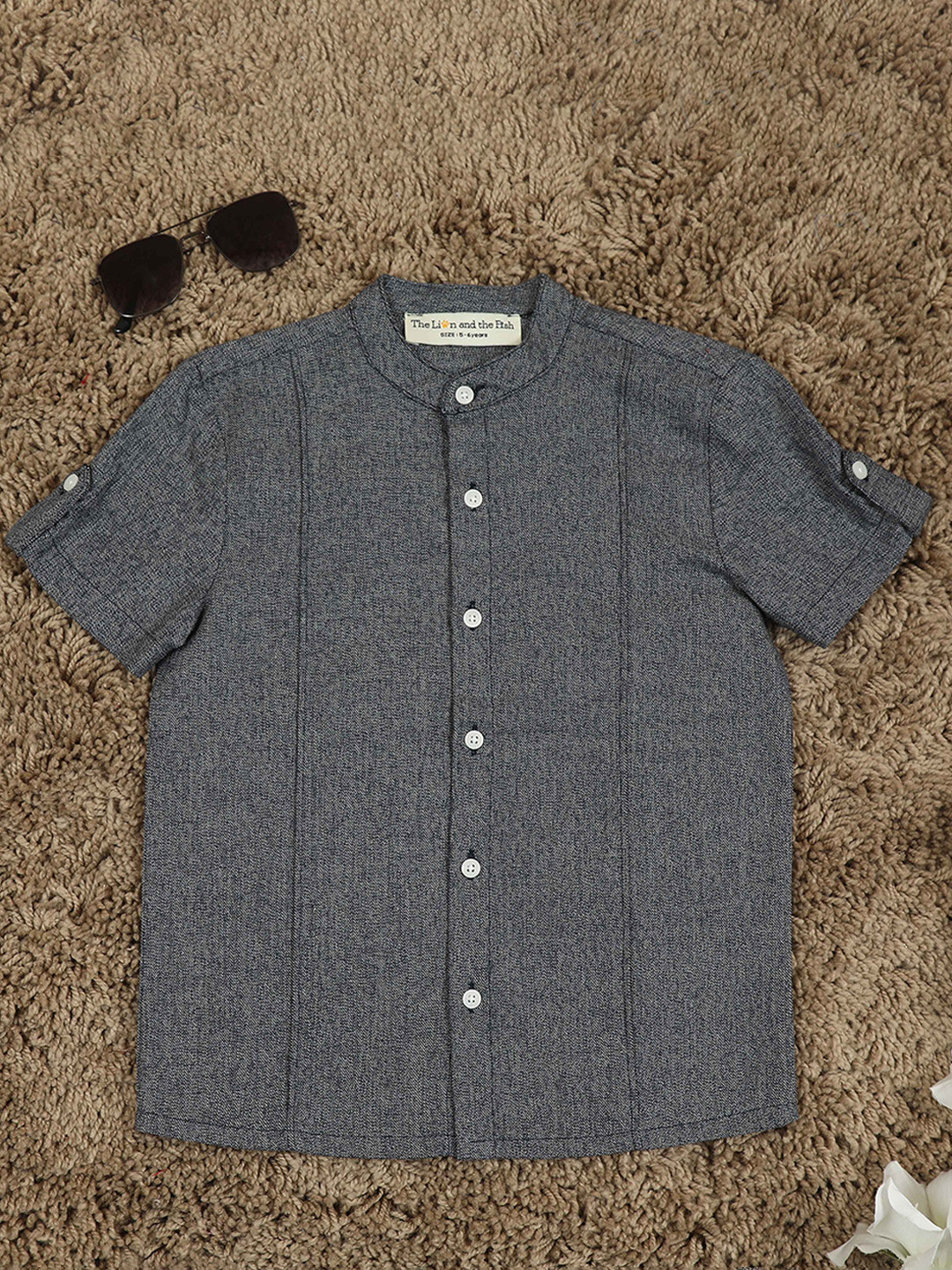 The Lion and The Fish Boys Relaxed Fit Mandarin Collar Sleeve Tab Shirt