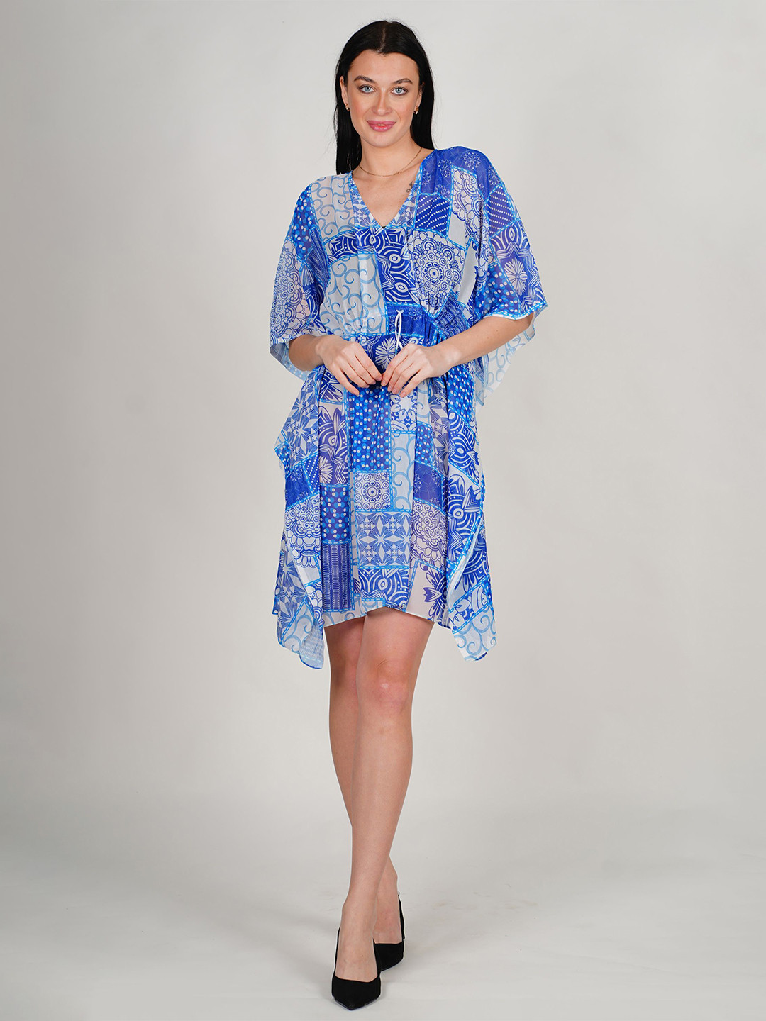 Ravi rajoria Women's  Print Kimono Sleeve Crepe Kaftan Maxi Dress