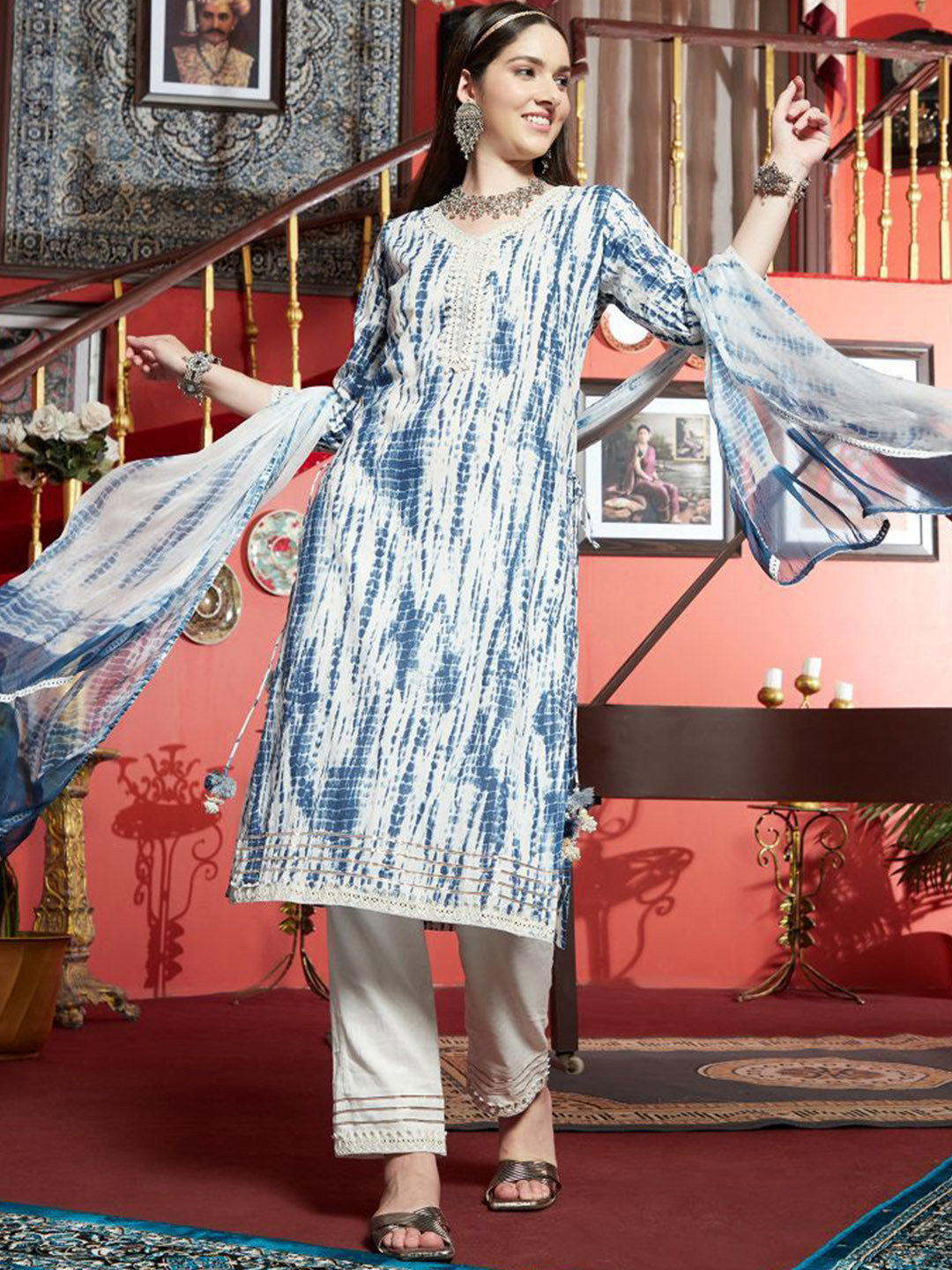 BANDIA Tie & Dye Mirror Work Pure Cotton Straight Kurta With Trouser & Dupatta