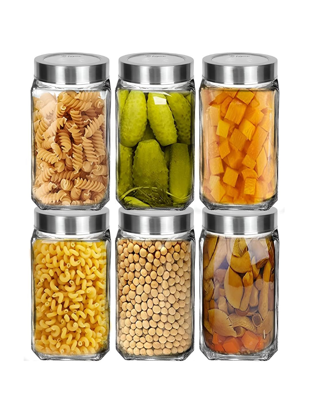 Croco Jar Cubical Transparent Glass Dishwasher Safe 6 Piece Screw Top Jar-1L