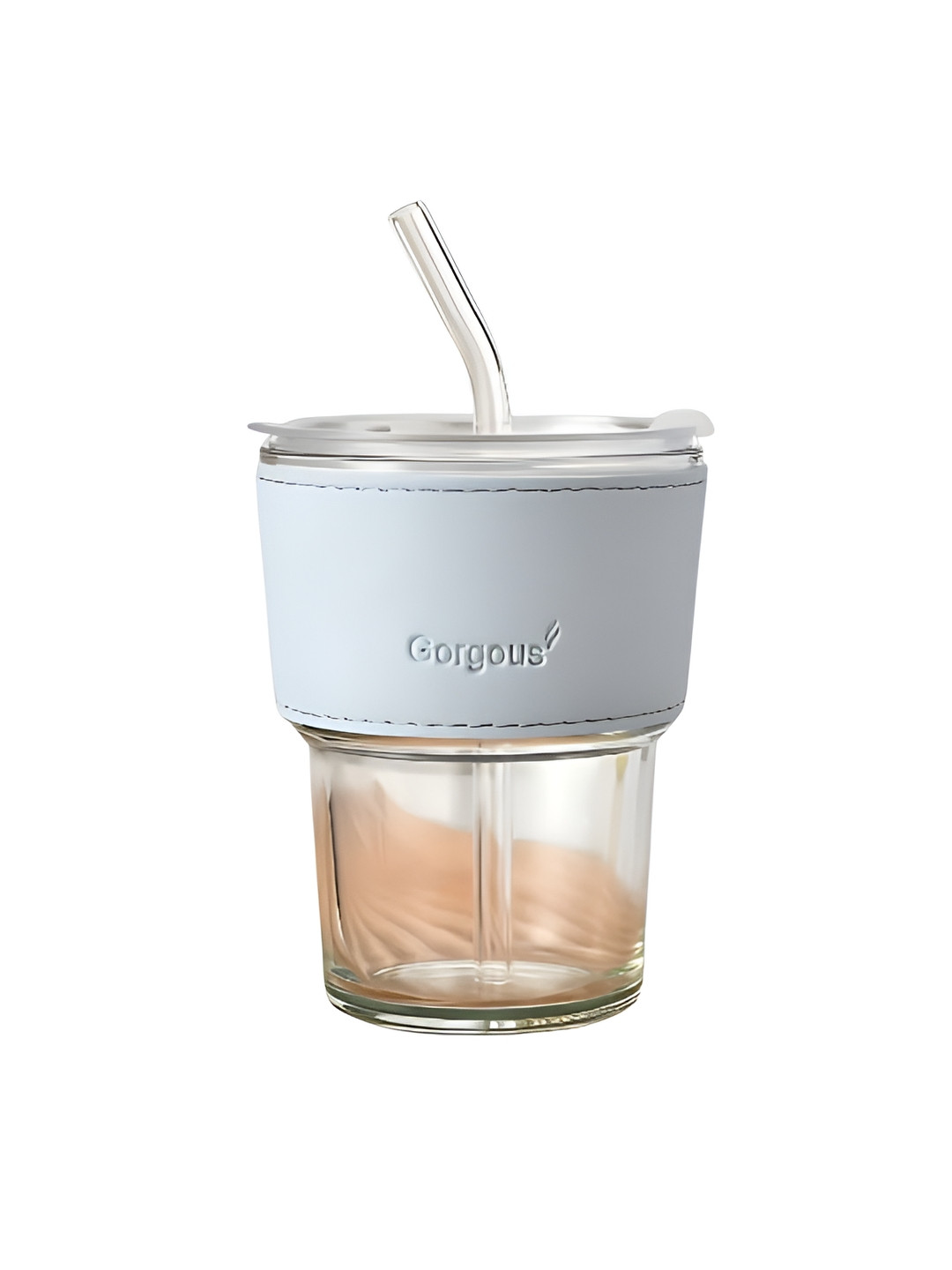 WELOUR Blue Typography Glass Microwave Safe Cup with Lid and Straw-450ml