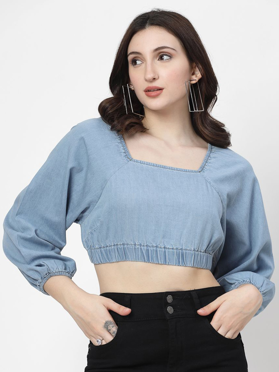 COSMIC TRIO Bishop Sleeves Cotton Denim Styled Back Crop Top