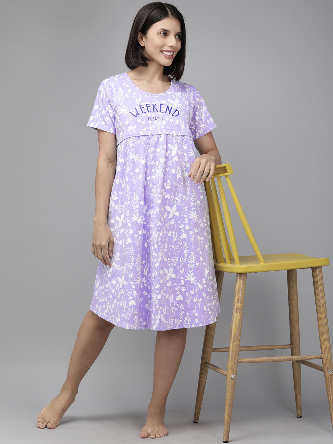 Zeyo Lavender & White Printed Cotton Maternity & Feeding Nightdress