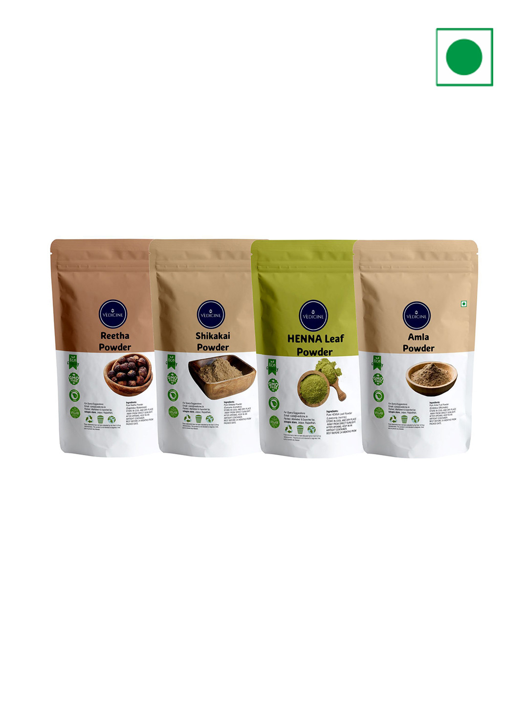 VEDICINE Set Of 4 Amla Reetha Shikakai & Henna Powder - 75 g Each