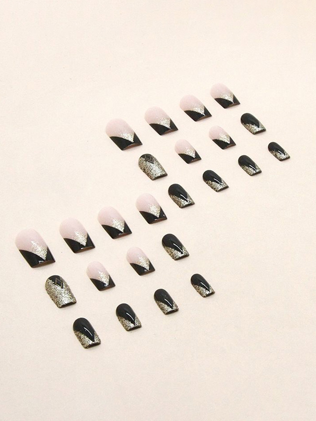 The Pink Truck Set Of 24 Golden Glitter Design Artificial Reusable Nails With Glue - Black