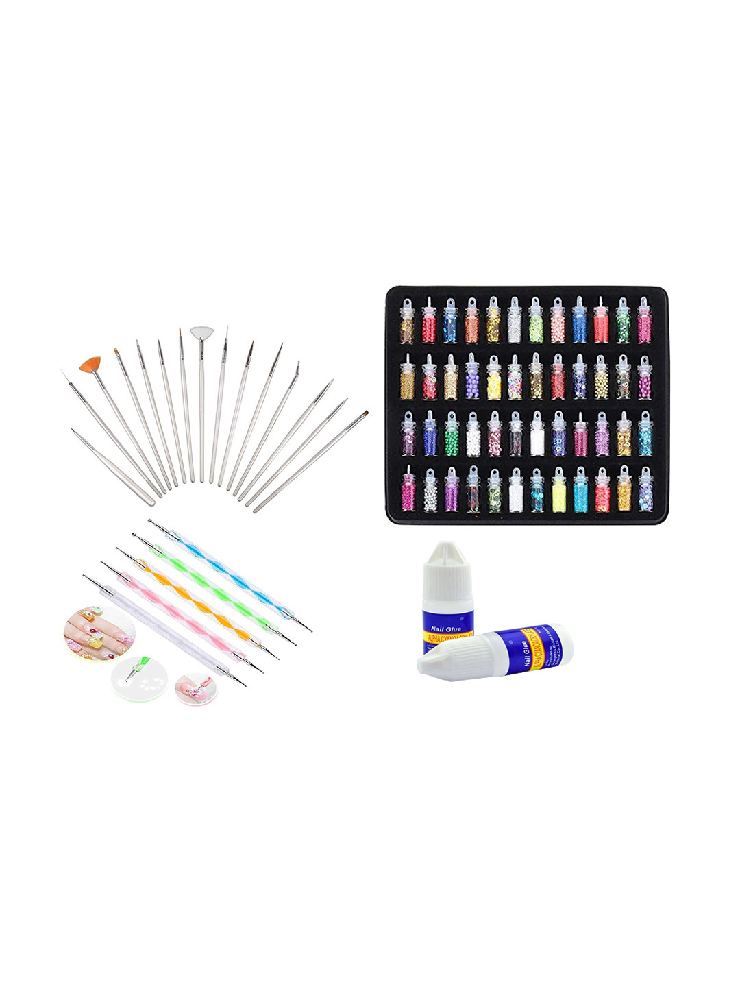 zemglam Set Of 4 Combo Of Nail Art Kit 5 Pen, 15 Nail Art Brush, 48 Glitter, 2 Glue