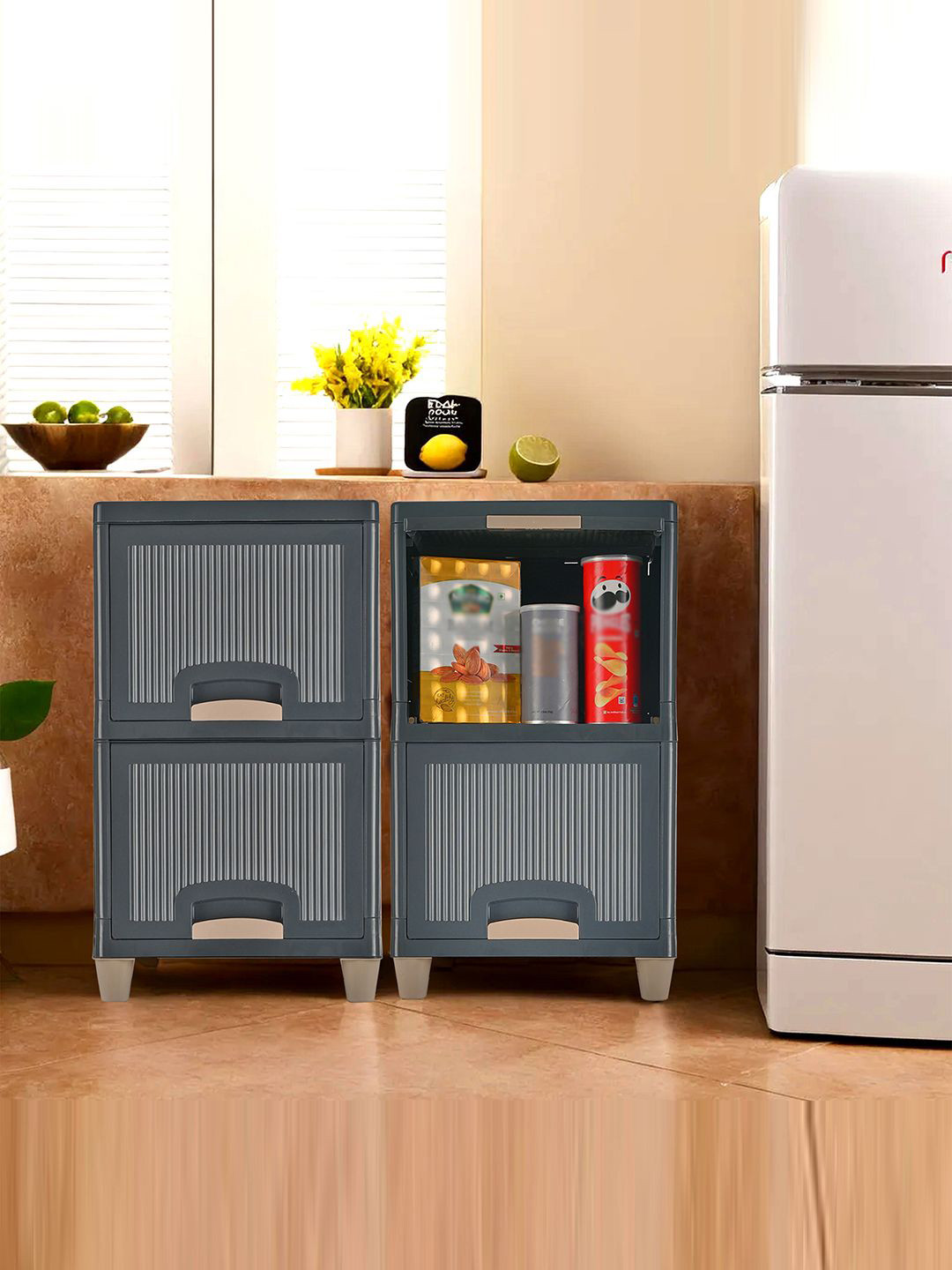 Kuber Industries Grey & Brown 2 Pieces 4 unit Textured Foldable Organisers