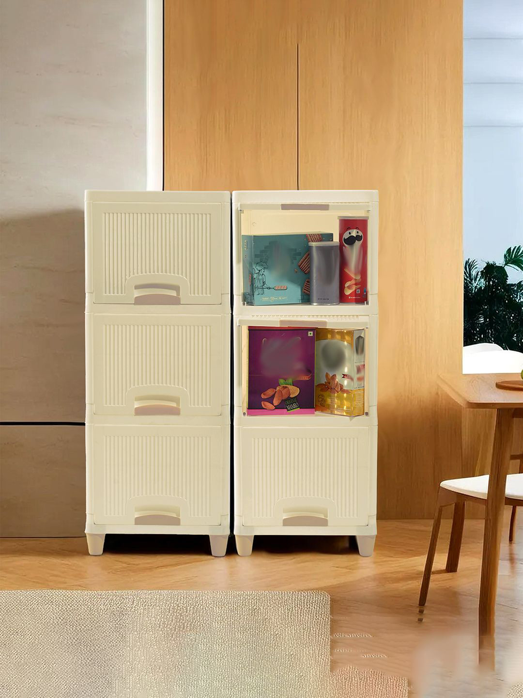 Kuber Industries Cream 2 Pieces 6 unit Textured Foldable Organisers