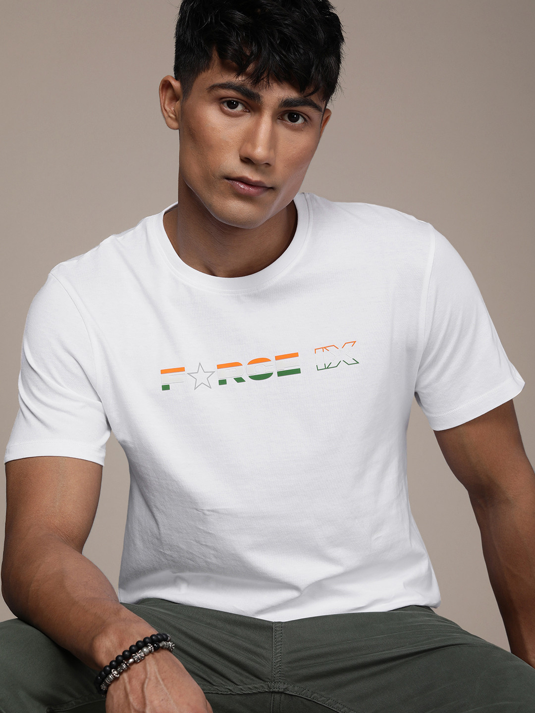 FORCE IX Men Brand Logo Printed Pure Cotton Applique T-shirt