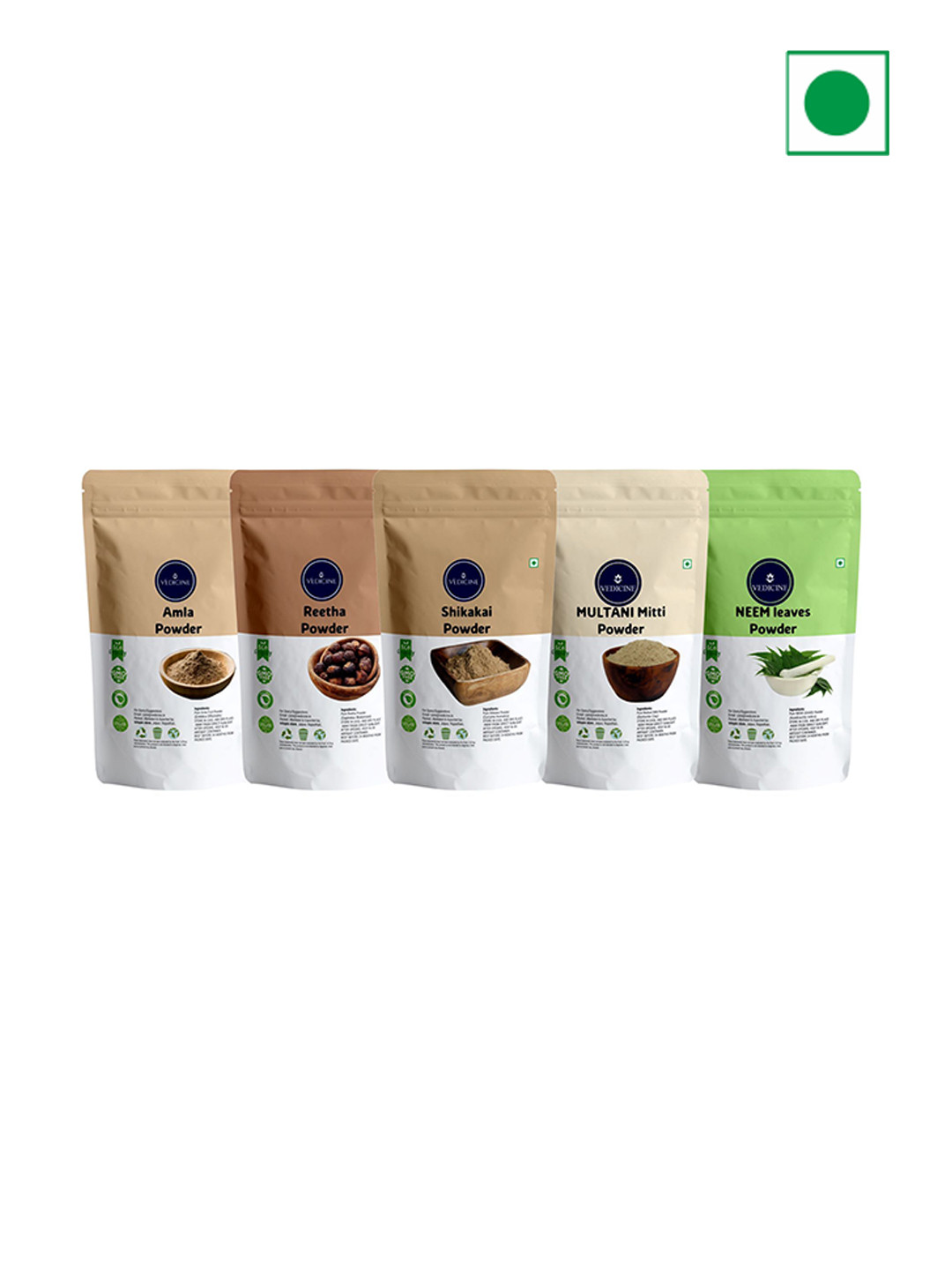 VEDICINE Set Of 5 Amla Reetha Shikakai Neem Leaf Multani Mitti Powder - 50 g Each