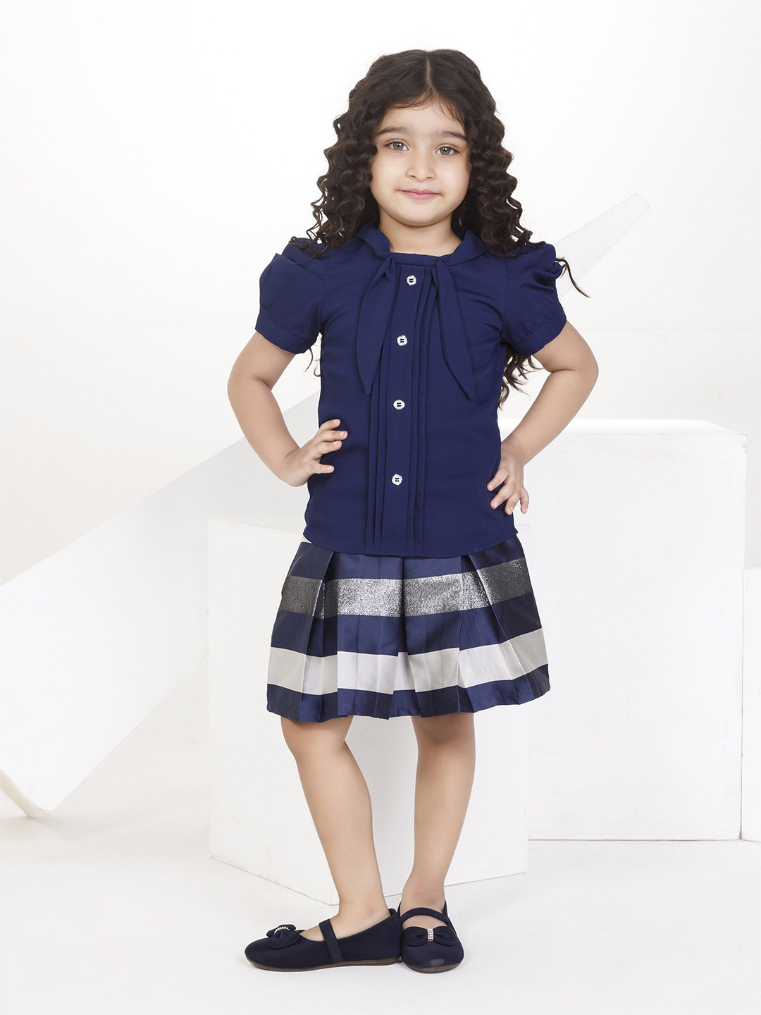 Peppermint Girls Shirt Collar Puffed Sleeves Top with Skirt